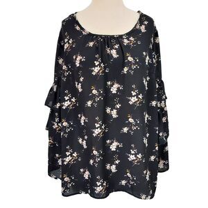 Moa Moa Shirt Top Flowy Black Floral Womens Plus Size 1X Layered Sleeve Keyhole